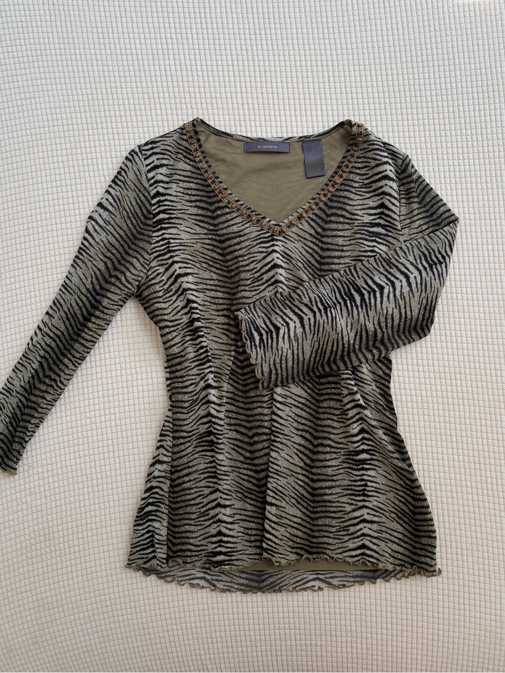 Y2K Zebra Print V-Neck Long Sleeve Top with Wooden Beaded Trim